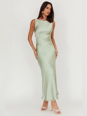 NWT Here Comes The Sun Satin Sage Green Slip maxi Dress floor length backless